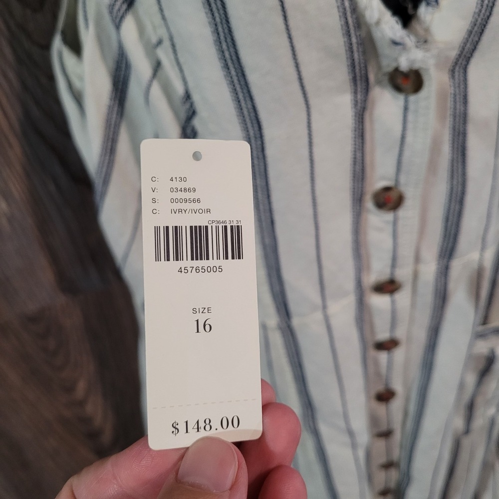 Maeve by Anthropologie Leslie Textured Stripe Dress 16 Button Front Linen Blend - Picture 7 of 12